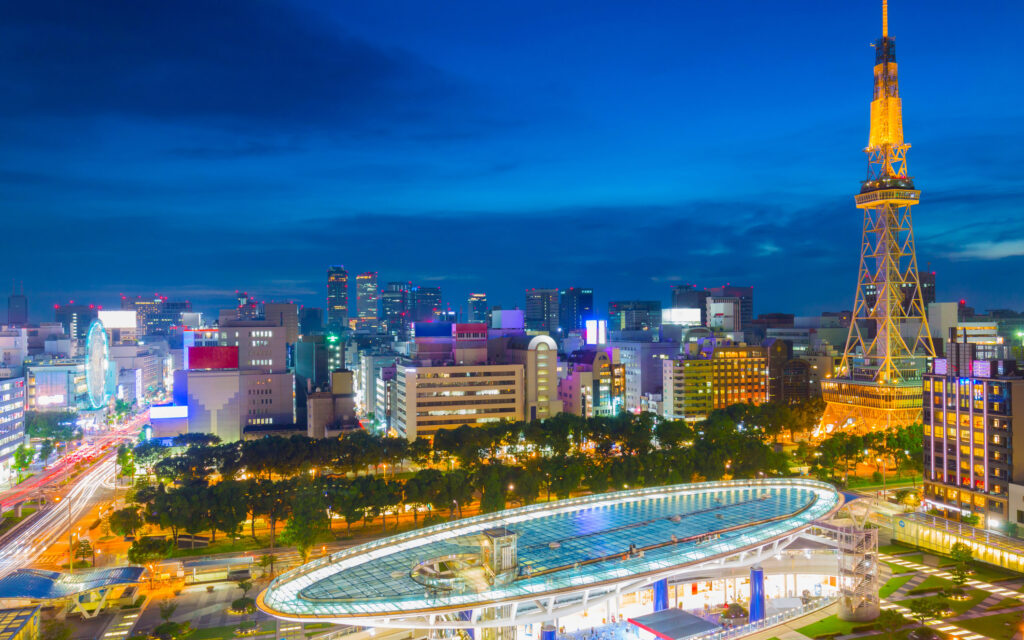 Nagoya, Japan city skyline with Nagoya tv Tower in twilight.